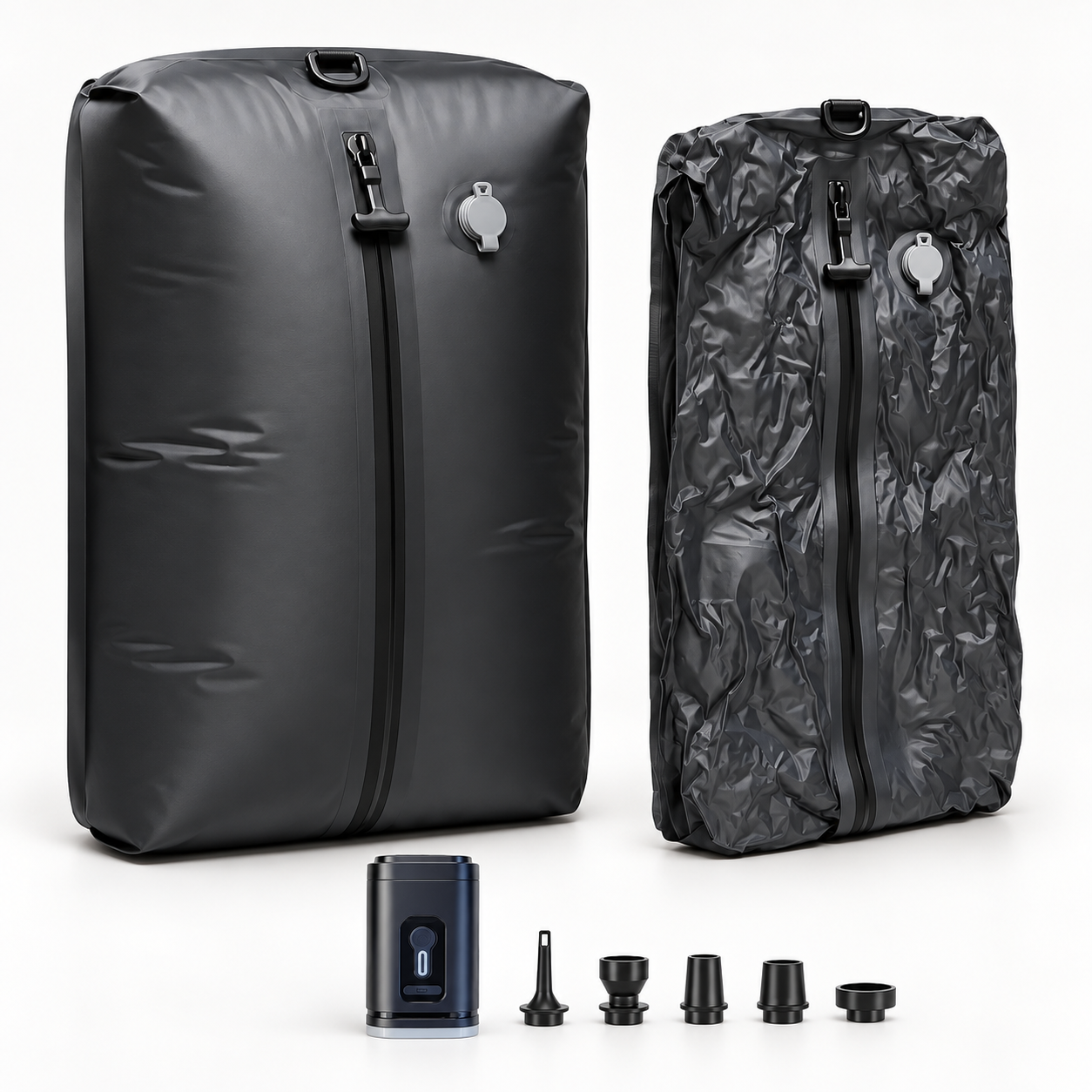 Unbedruckte Kompressionsbag vor und nach dem Absaugen mit Pumpe und Aufsätzen