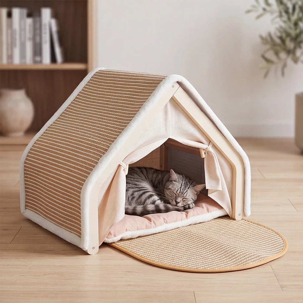 Katze auf dem Fellido Kratzhaus im Wohnzimmer