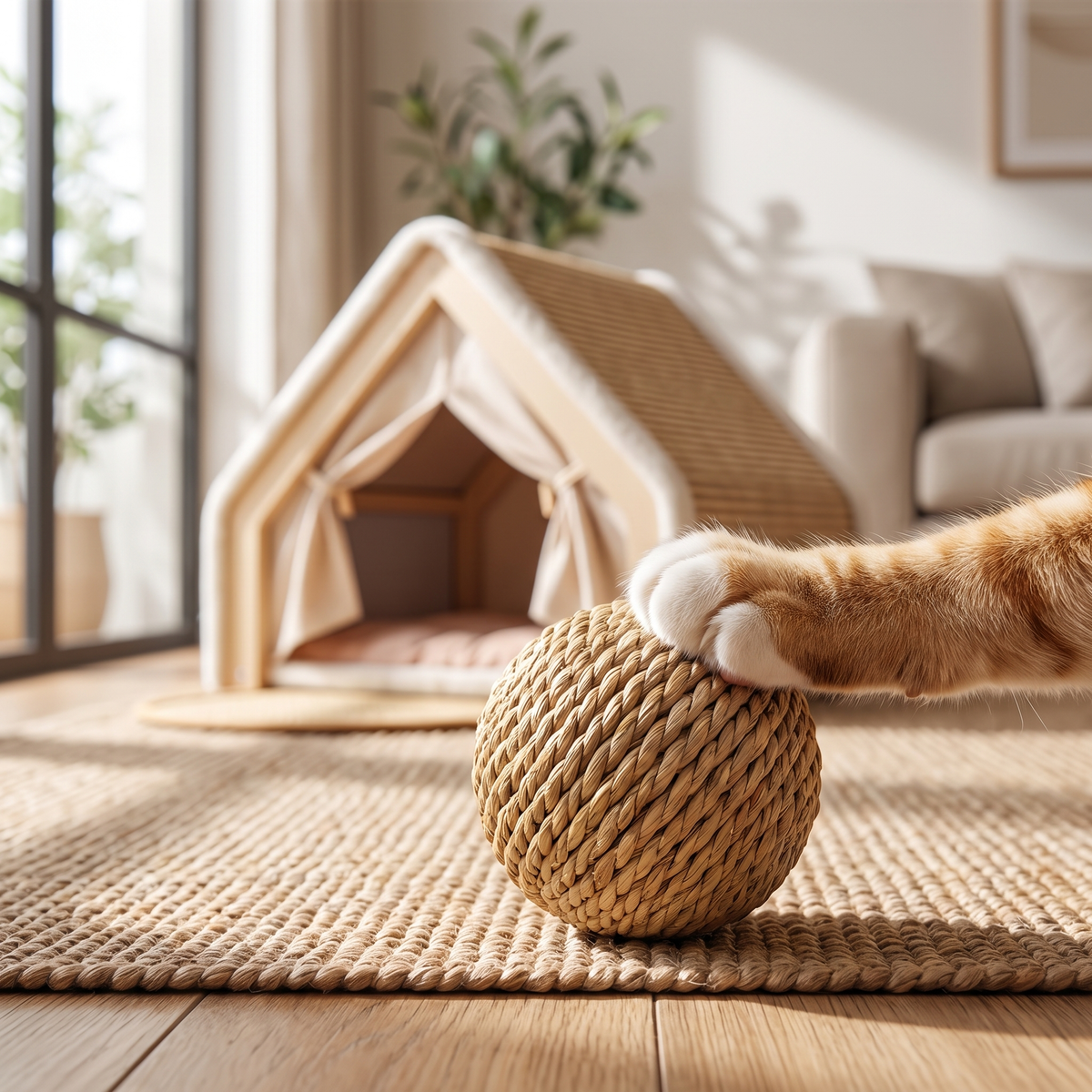 Fellido Kratzball – Naturfaser-Spielball ca. 8 cm, Katzenpfote als Größenvergleich, im Fellido-Wohnzimmer