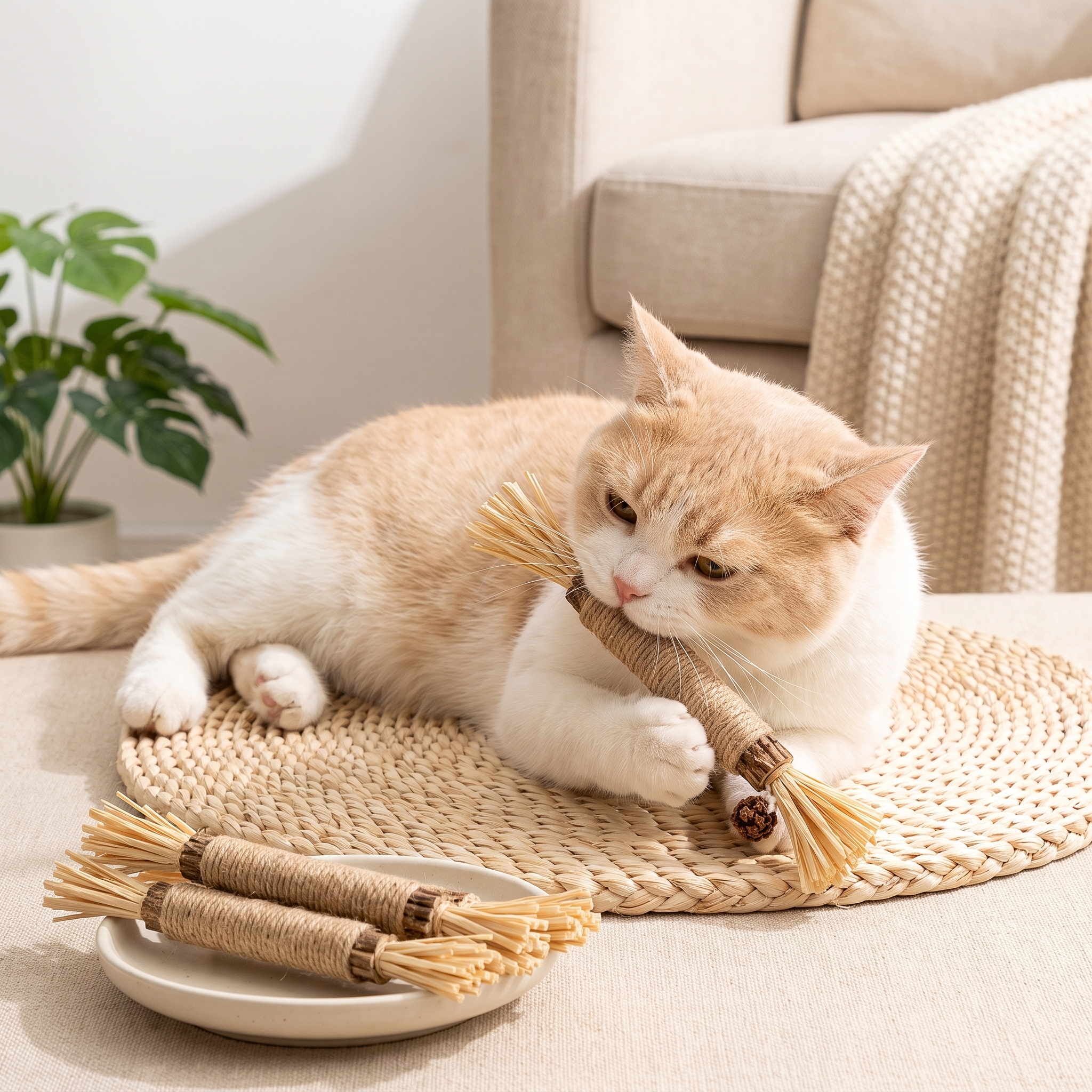 Katze kaut Fellido Zahnpflege-Stick, Dreierset auf Schale