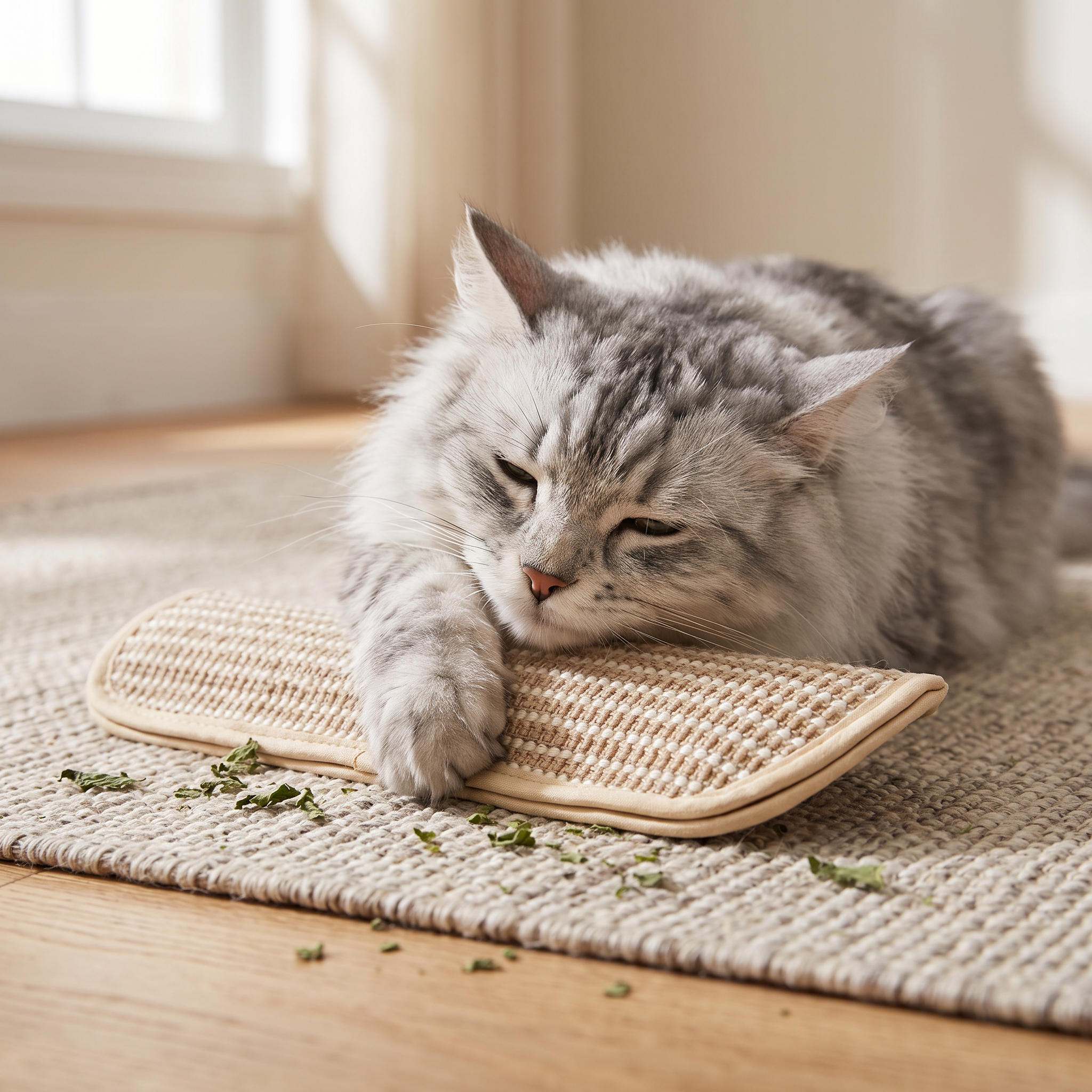 Katze genießt Fellido Minz-Kratzkissen aus Sisal