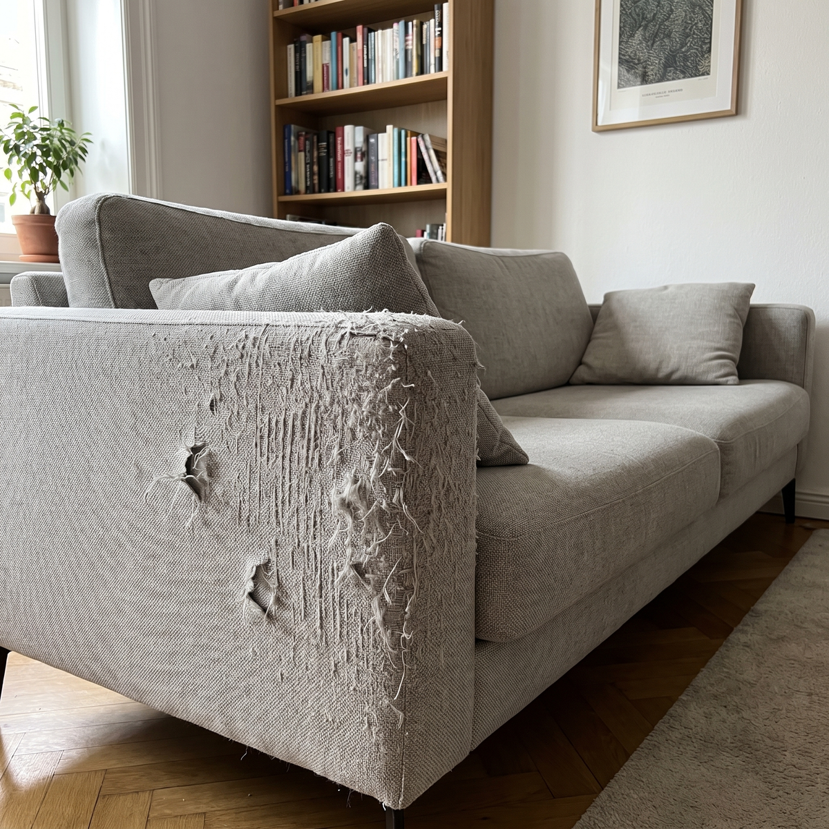 Sofaecke mit deutlichen Kratzspuren