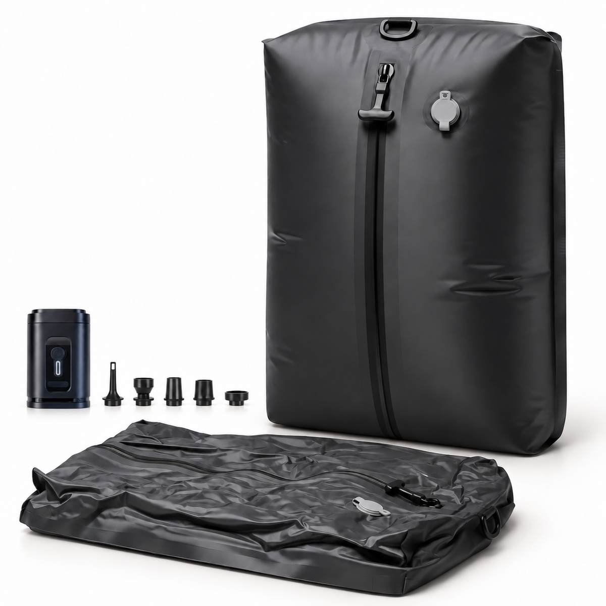 Unbedruckte schwarze PACKMORE Kompressionsbag mit Vakuumpumpe und fünf Aufsätzen