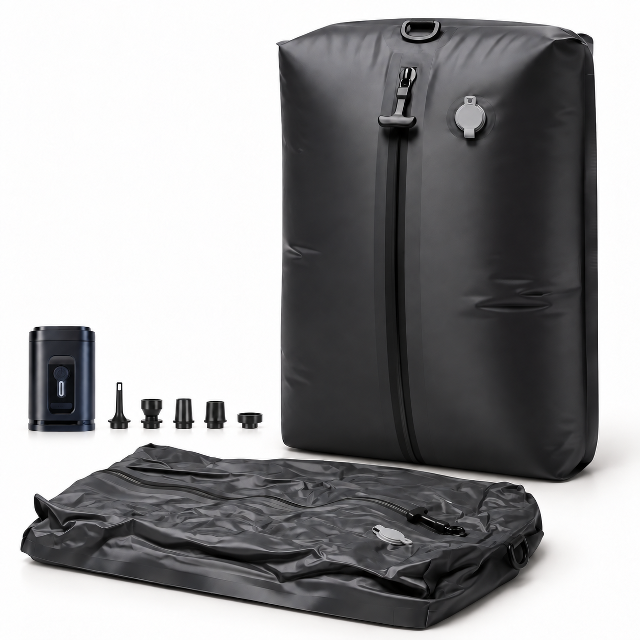 Unbedruckte schwarze PACKMORE Kompressionsbag mit Vakuumpumpe und fünf Aufsätzen